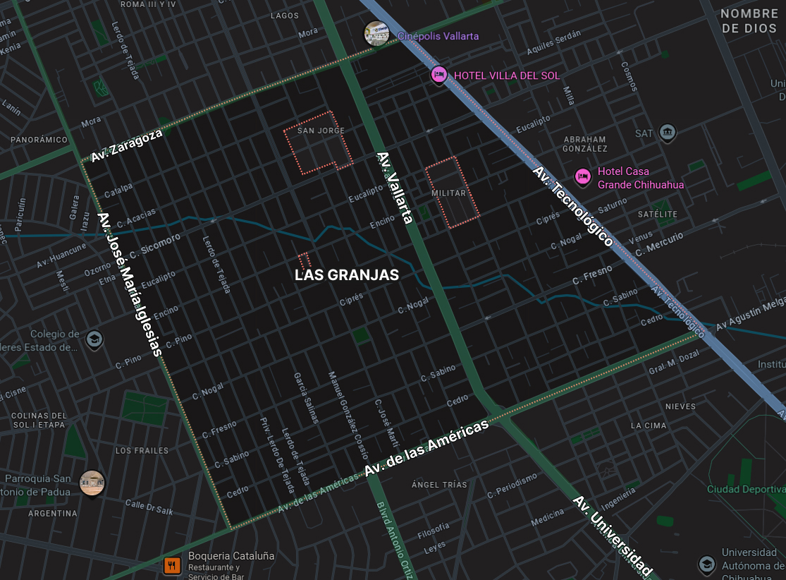 Mapa de las granjas, mostrando las avenidas principales que rodean la colonia