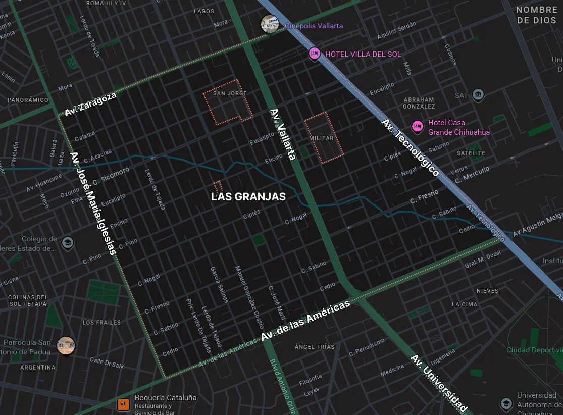 Mapa de las granjas, mostrando las avenidas principales que rodean la colonia