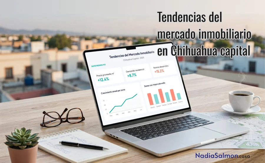 Portada del artículo: Gráficos y mapas del mercado inmobiliario de Chihuahua sobre una mesa de trabajo con computadora portátil.