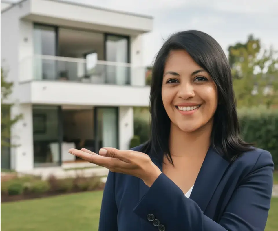 Nadia Salmon, asesora inmobiliaria de Chihuahua Capital, presentando una casa moderna con su cálida sonrisa, te da la bienvenida.